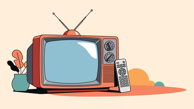 Vintage orange television set with rabbit ear antennas and a remote control is shown with simple plants and colorful shapes for nostalgia.