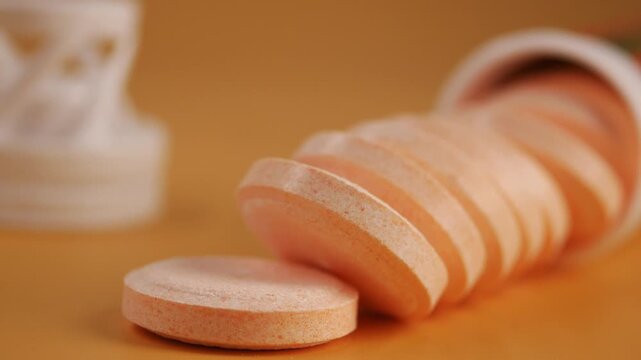 Orange Effervescent Vitamin C Tablets Spilling from a Bottle