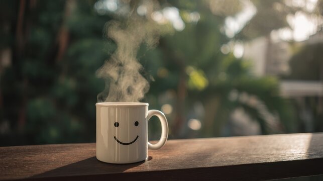 A white ceramic mug with a black smiley face sits on a wooden surface, steaming hot liquid inside,