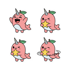 Cartoon narwhal characters with different emotions holding a star © Rahima