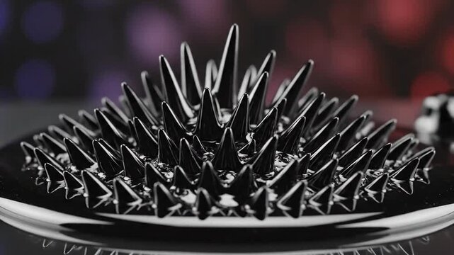 Ferrofluid forms intricate spikes and patterns under the influence of