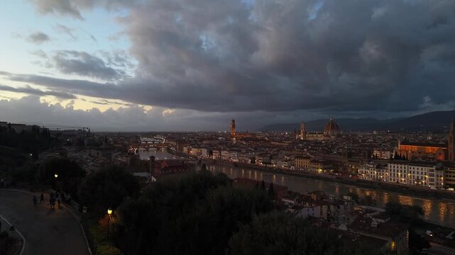 Aerial Dolly In Over Florence at Blue Hour with Cathedral and Ponte Vecchio