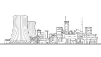Obraz premium Detailed black and white outline illustration of a large industrial complex featuring cooling towers and processing facilities.