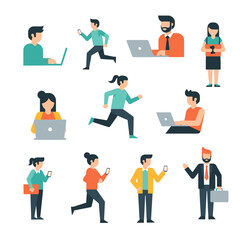 Flat design people working, running, and using technology