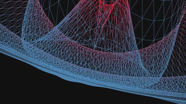 Procedural 3D wireframe terrain sinking into a central void. Seamless loop of an economic liquidity trap or market crash simulation. Geometric grid distortion with red depth indicators. 4K UHD.