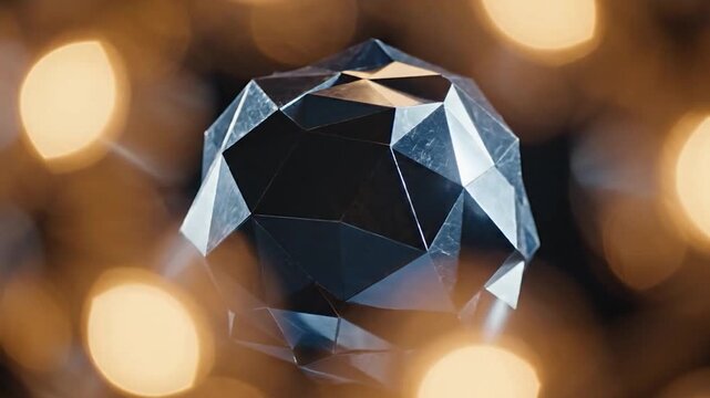 A dark faceted geometric object floats amidst warm bokeh lights