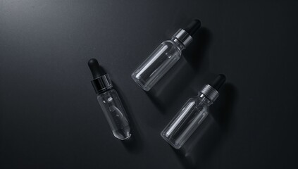 Clear Glass Dropper Bottles on Dark Background with Dramatic Lighting