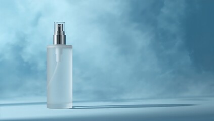Transparent Perfume Bottle with Silver Cap on Blue Background with Smoke