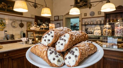 A tempting plate of crisp cannoli shells, filled with sweet cream and chocolate chips, captured in a cozy bakery setting on.