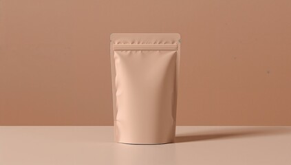 Empty silver mylar food storage bag standing on minimalist beige background with soft lighting for packaging design