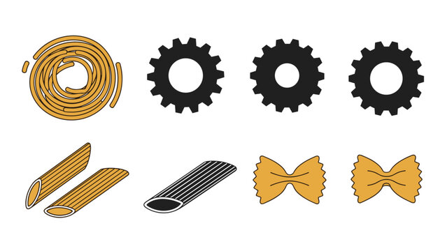 Variety of pasta shapes including spaghetti, penne, and farfalle alongside black gear icons on a white background.