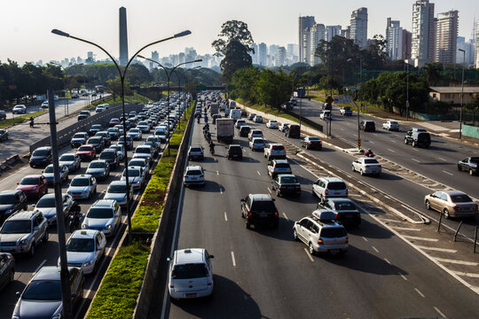 Sao Paulo, Brazil, August 16, 2013. Heavy traffic jam on the North-South corridor in Sao Paulo. A dense cityscape with numerous buildings, depicting urban mobility and the rush hour