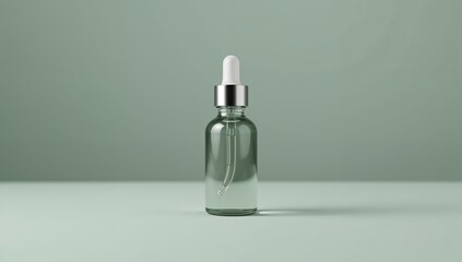 Clear Glass Dropper Bottle on Minimalist Green Background with Soft Lighting