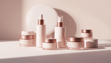 Set of elegant rose gold cosmetic jars and bottles on white marble minimalist background luxury skincare product packaging