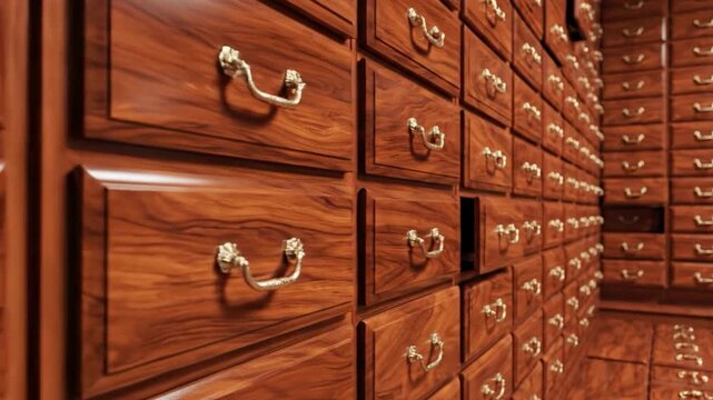 Numerous wooden drawers with ornate brass handles create a detailed storage