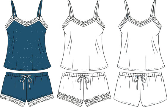 Women&rsquo;s Sleepwear CAD Drawing &ndash; Camisole and Shorts Set Front and Back