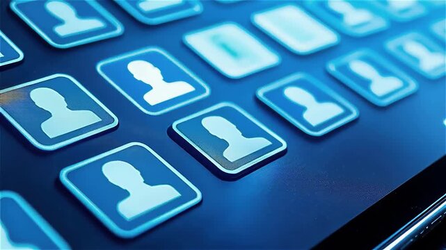 User profile online network digital interface touch screen social media connection technology blue glow grid icon login modern online account access