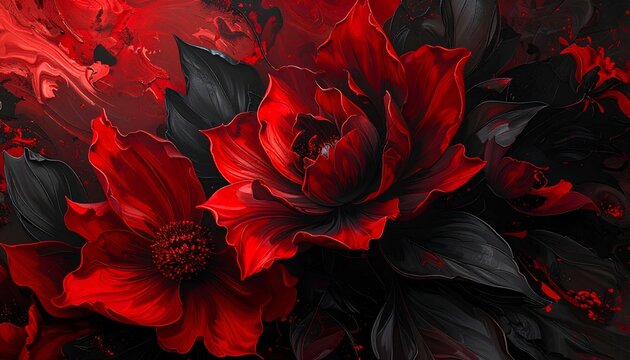 Vibrant red flowers bloom against dark, dramatic backdrop