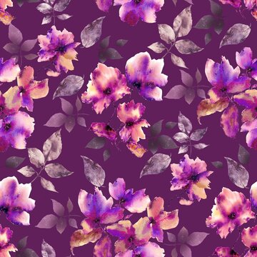 Abstract watercolor rose flower creative allover design seamless floral pattern new concept textile design flower digital creators art repeating design dark Magenta colour background stock design 
