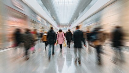 Blurred crowd of shoppers walking through a brightly lit modern indoor mall