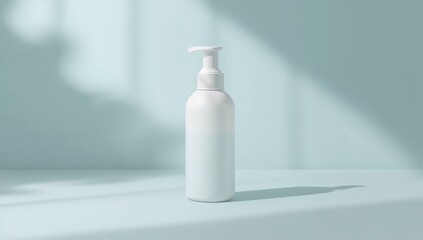 Empty white plastic soap dispenser bottle on minimalist light blue background with soft shadows for clean hygiene product design
