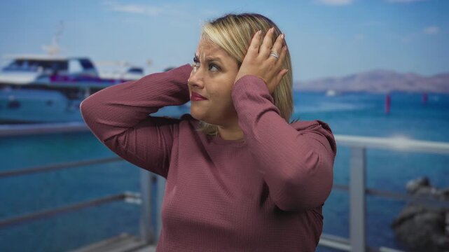 Woman covers ears at a busy port boat dock by a white yacht against metal railing with strained expression; stress noise.