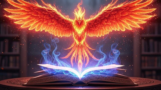 Fiery phoenix rising from magical book with vibrant wings, illuminating the dark atmosphere