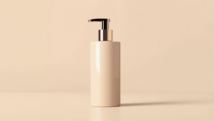 Minimalist white soap dispenser bottle on neutral beige background with soft lighting clean design product mockup