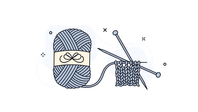 Blue yarn ball with knitting needles and a small piece of knitted fabric showing a classic craft and hobby activity.