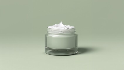 White cosmetic cream jar with fluffy texture minimalist skincare product container isolated on light green background