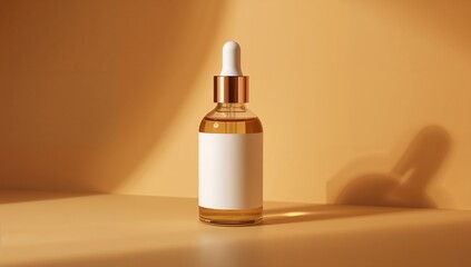 Amber glass dropper bottle with golden liquid minimalist skincare product on warm beige background