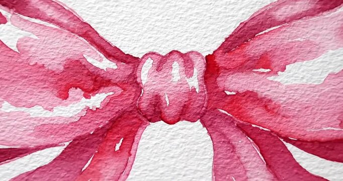 A vibrant pink watercolor bow with glossy finish, set against a textured white background