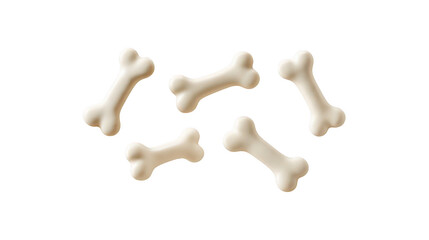 Obraz premium White dog biscuits scattered and floating in the air against a black backdrop, representing treats and rewards