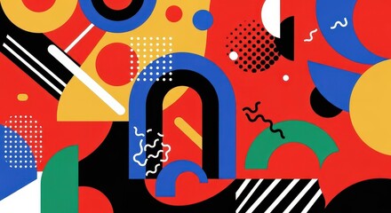 Fototapeta premium Brightly colored abstract composition featuring overlapping geometric shapes and graphic patterns