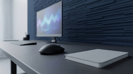 Fototapeta premium Contemporary office desk with computer, mouse, and notebook, offering a clean productive background and a professional hero shot