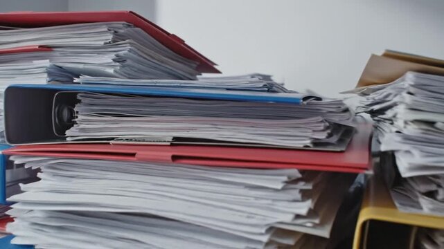 A stack of binders filled with paperwork. Various colors with documents spilling out