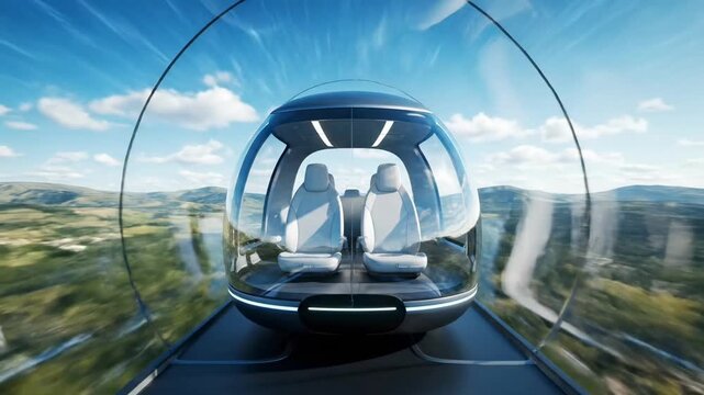 Futuristic transparent pod vehicle traveling at high speed through a scenic landscape.