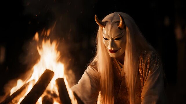 炎に照らされる鬼の面と神聖な儀式