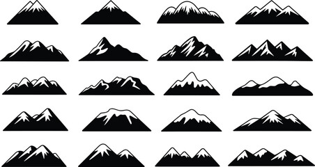 Minimalist mountain icon collection with snowy peaks, black silhouettes, vector landscape elements for branding, outdoor logos, travel design, adventure themes, and nature illustrations set