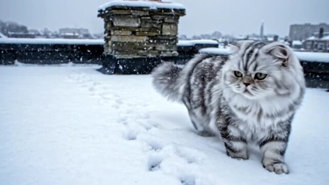Fluffy silver tabby Persian cat with thick fur bravely walks across a snowy city rooftop during winter weather