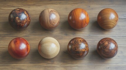 Fototapeta premium A collection of smooth, polished wooden spheres featuring varying natural textures and rich colors, artfully displayed on a warm wooden surface.