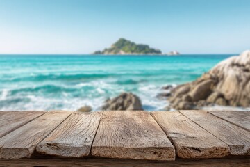 Fototapeta premium Weathered wooden planks foreground serene ocean, distant island, rocky shore