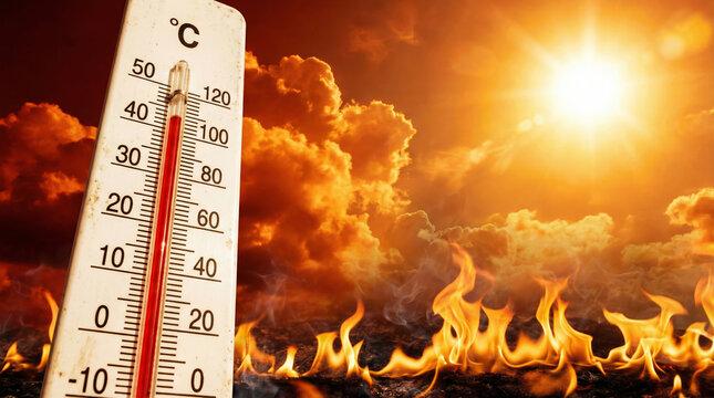 High temperature weather thermometer under hot sun sky and burning fire heat concept