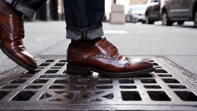 Man walking in stylish brown leather brogue shoes on a city sidewalk, stepping over a metal grate.