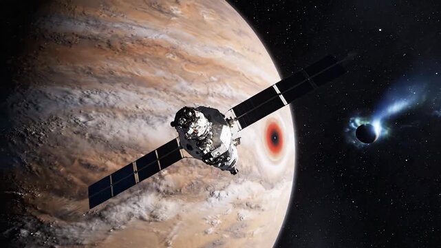 A futuristic satellite orbits a gas giant planet with a prominent red storm eye
