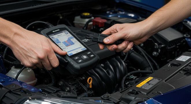 Mechanic diagnosing car engine with diagnostic tool in blue car hood