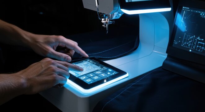 Modern sewing machine with touchscreen interface and illuminated design in dark setting