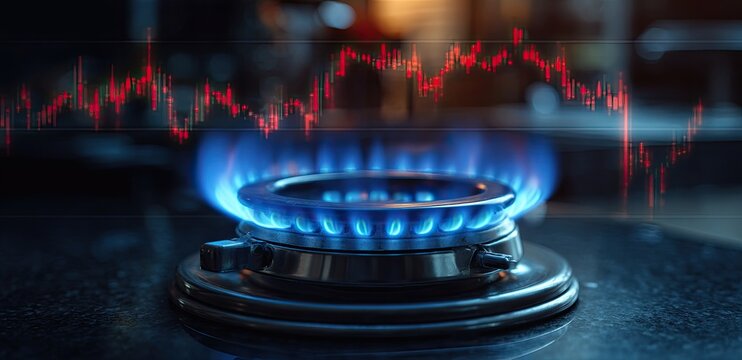 Gas stove flame ignites, superposed with a falling red stock chart line