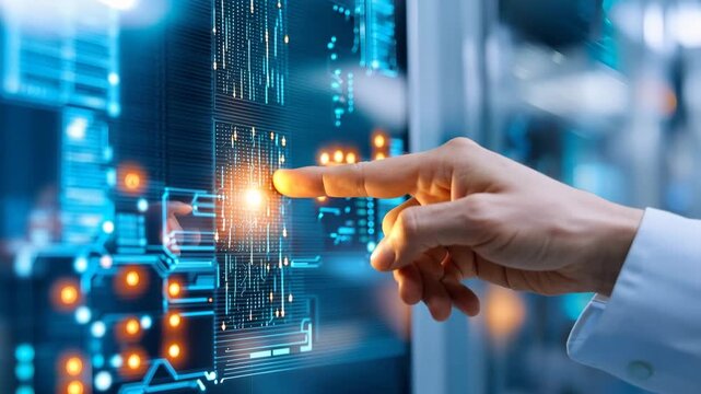Futuristic Hand Interaction with Digital Interface Exploring Glowing Circuit Board Display and Advanced Technology Innovation in Data Center or Laboratory Setting