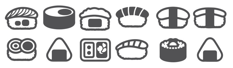 twelve gray and white sushi and onigiri silhouette icons set © Pksvc